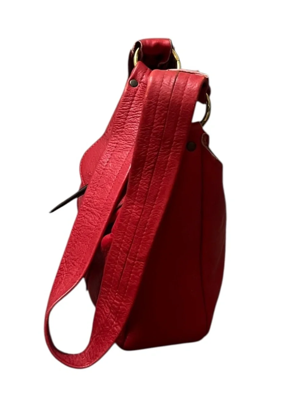 Vintage Handmade Red leather hobo-style shoulder bag featuring a woven strap